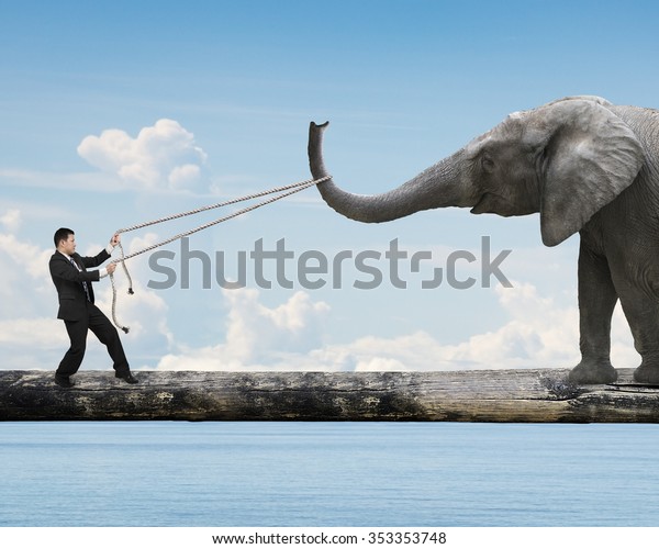 Businessman pulling rope against\
a big elephant balancing on tree trunk, with blue sky sea\
background.