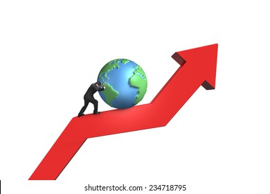 businessman push 3d globe upward on red trend line with white background