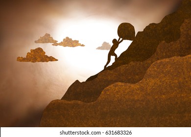 Businessman Push Large Boulder Up To Hill
  In Brown Paper Silhouette Style.