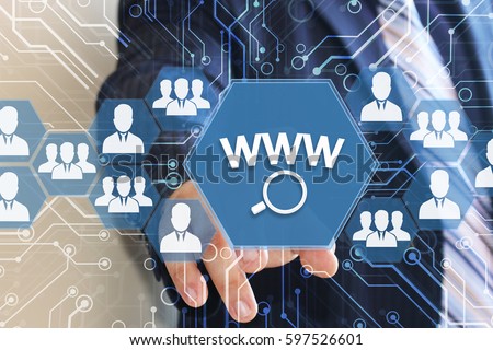 A businessman pushes a button icon www online searches on the touch screen with a futuristic background . 