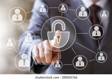 Businessman pushing button lock web security virtual - Shutterstock ID 398505766
