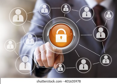 Businessman pushing button lock web security sign virtual - Shutterstock ID 401635978
