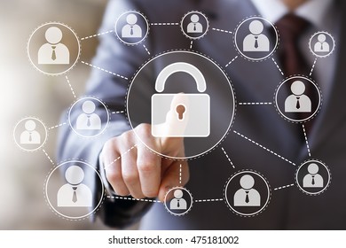 Businessman pushing button lock web security virtual network - Shutterstock ID 475181002