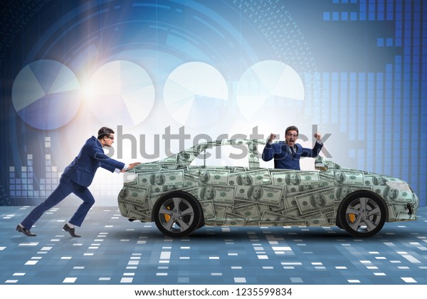 Businessman pushing car\
in business concept