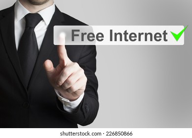 Businessman Pushing Flat Button Free Internet Green Checked