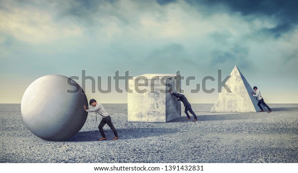 Businessman pushing\
the round large stone. Business heavy tasks and problems concept.\
differentiation between\
work