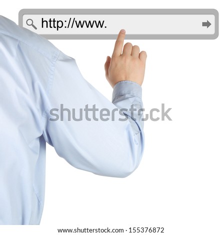 Businessman pushing virtual search bar on white background, internet concept  
