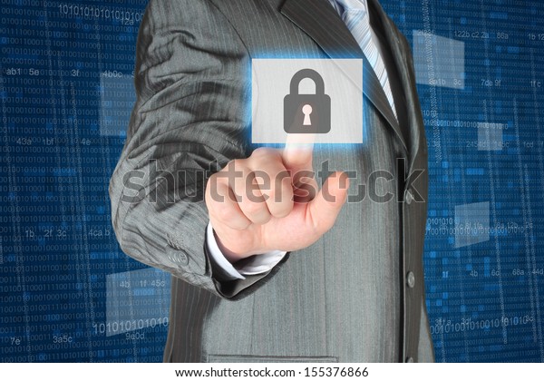 Businessman pushing virtual security button on digital background  