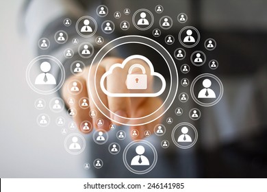 Businessman pushing web button cloud sign lock.