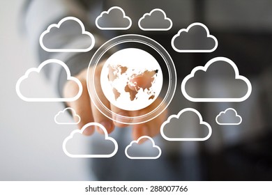 Businessman pushing web button map symbol cloud network