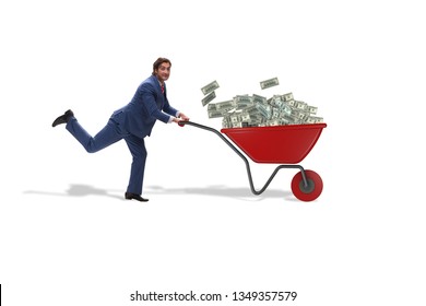 Businessman pushing wheelbarrow full of money