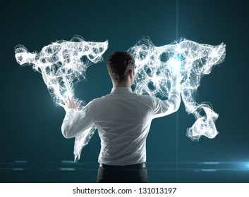 businessman pushing world map interface