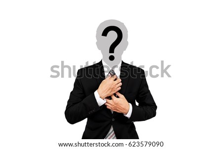 Businessman with question mark on head, on soft grey background