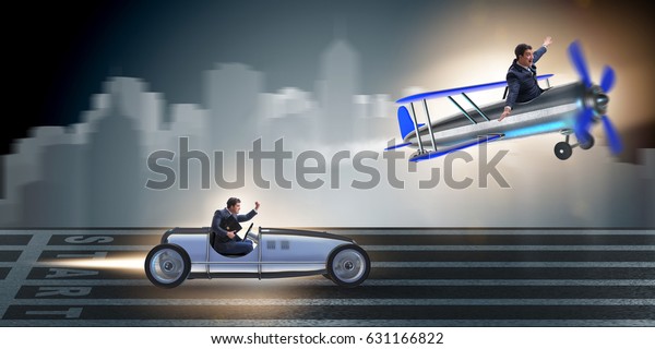 Businessman racing on car and
airplane