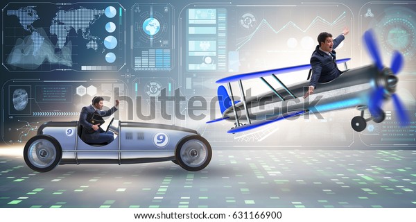 Businessman racing on car and\
airplane