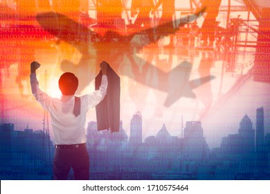 Businessman Raise The Hand With Aeroplane And Traveler Passenger In Airport With City Background, Economic Restart After Covid19 Virus Pandemic Concept, Blurred Or Defocus Background