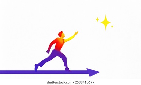 Businessman reaching for glowing star at end of path, symbolizing ambition, success, and pursuit of visionary goals in business world. Contemporary art collage. Concept of business, success - Powered by Shutterstock