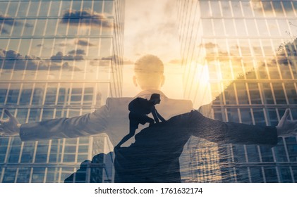 Businessman Reaching For Success And Overcoming Obstacles Concept. 