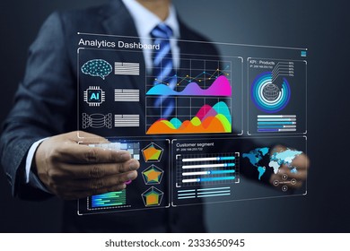 Businessman read data analysis chart data online trading or global business on digital platform from portable virtual screen for presentation anywhere and this is technology in the future