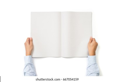 Businessman reading mockup of blank newspapers to add your own news on white background.