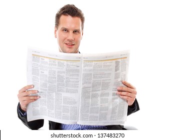 Businessman Reading A Newspaper Isolated On White Background