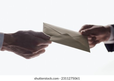 businessman receives salary and cash bonus from leader manager on white background - Shutterstock ID 2311275061
