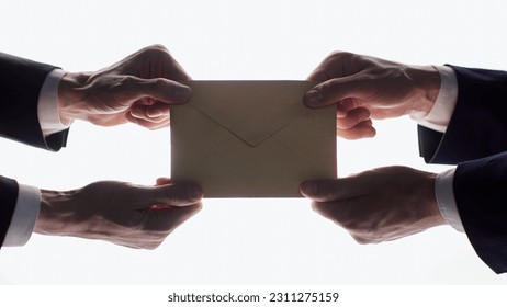 businessman receives salary and cash bonus from leader manager on white background - Shutterstock ID 2311275159