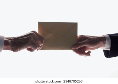 businessman receives salary and cash bonus from leader manager on white background - Shutterstock ID 2348705263