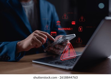 Businessman receiving cybersecurity warning on smartphone with system hack alerts. Concept of data breach, hacking, online security risk, cyberattack, and internet safety technology.