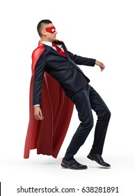 A Businessman In A Red Superhero Cape And A Mask Slipping And Falling Backwards. Business Mistake. One-time Slip. Failure And Loss.