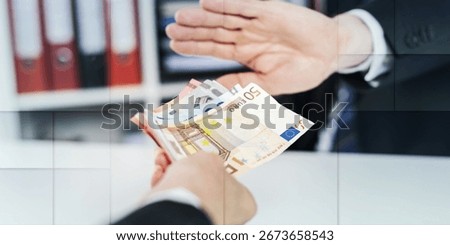 Businessman refusing to take bribe, geometric pattern