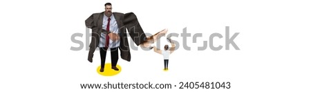 Businessman rejecting women's ideas. Stopping growth of female employee. Conceptual design. Contemporary artwork. Concept of stereotypes, gender gap, gender discrimination, women rights