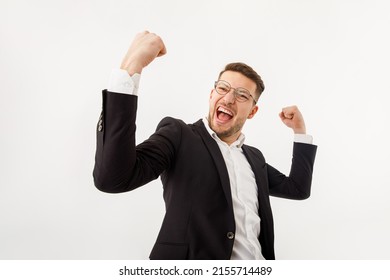Businessman rejoicing for his success. A jubilant businessman white background.