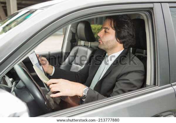 Businessman reviewing\
documents in the\
car