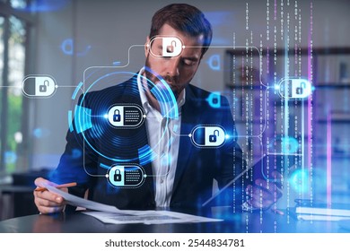 A businessman reviewing documents with holographic security symbols and binary code overlay on an office background. Concept of data protection