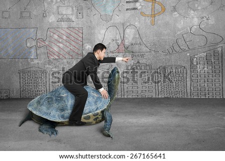 Businessman riding turtle and indicating with finger in the concrete room and business concept doodles wall background