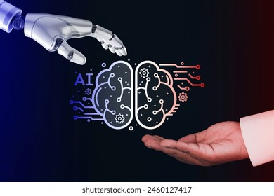 Businessman and Robot in Touch with human brain and robot brain icon Symbolizing Collaboration in Artificial Intelligence,Technology,Business innovation.