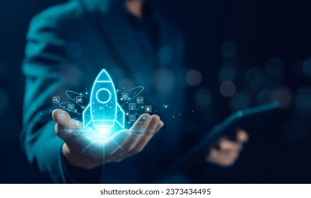 Businessman and rocket start flying up and network line connection. Startup concept strategy launch Startup growth, plan development business project digital technology idea of leadership