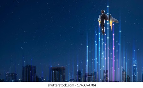 Businessman in rocket suit fly to sky with abstract dot and line lighting, online business start up boots surreal concept .