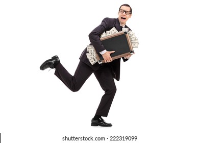 Businessman running with a bag full of money isolated on white background - Powered by Shutterstock - Get 15% off with code: PIKWIZARD15