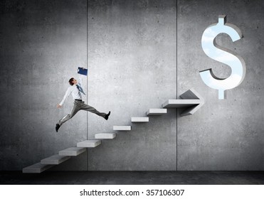 Businessman Running On Ladder Leading To Financial Success