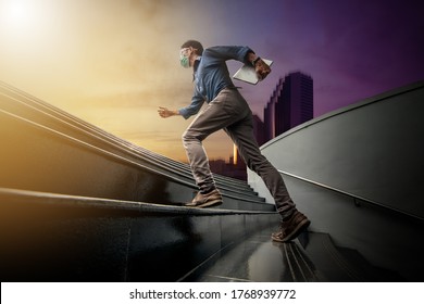 The businessman running up to rising sun sky over his urban.