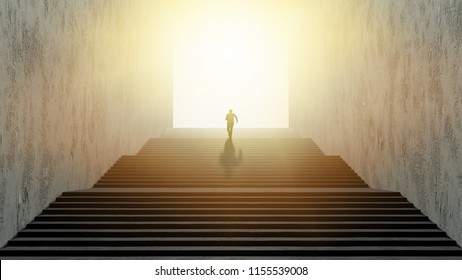 Businessman running up stairs, concept of ambition.