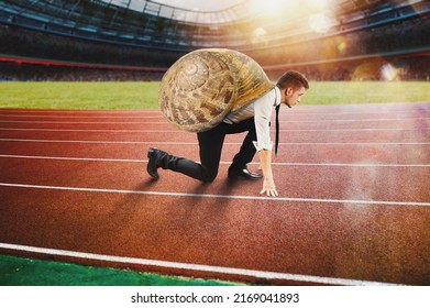 Businessman runs slow like a snail in a runner race