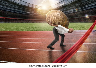 Businessman runs slow like a snail in a runner race