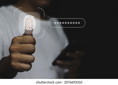 businessman scan fingerprint biometric identity and approval. concept of the future of security and password control through fingerprints in an immersive technology future and cybernetic.