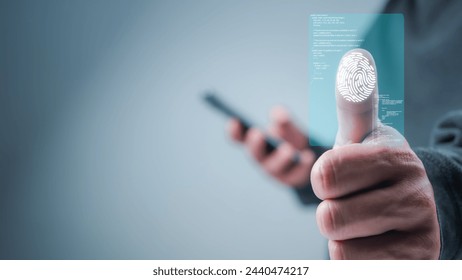 Businessman scan fingerprint biometric identity and approval. Secure access granted by valid fingerprint scan, Business Technology Safety Internet Network Concept - Powered by Shutterstock