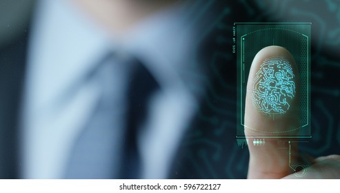 businessman scan fingerprint biometric identity and approval. concept of the future of security and password control through fingerprints in an immersive technology future and cybernetic, business - Shutterstock ID 596722127