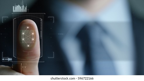 businessman scan fingerprint biometric identity and approval. concept of the future of security and password control through fingerprints in an immersive technology future and cybernetic, business