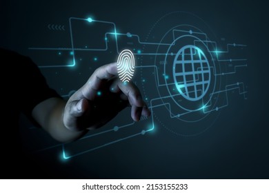 Businessman scanning biometric fingerprints Fingerprint password security and control concept in the future of virtual and cybernetic technologies.